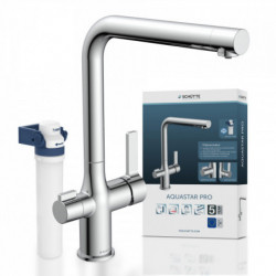 Verchromte Küchenarmatur mit zwei Hebeln, Filterkartusche und Verpackung – AQUASTAR PRO