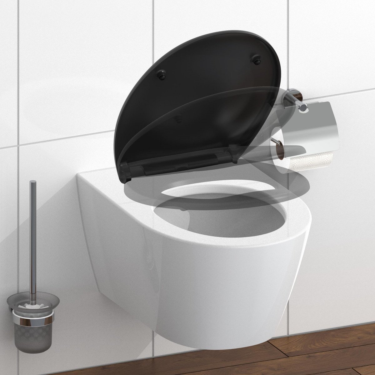 Schwarzer WC-Sitzdeckel hochgeklappt an Wand-WC mit seitlicher Toilettenpapierhalterung.