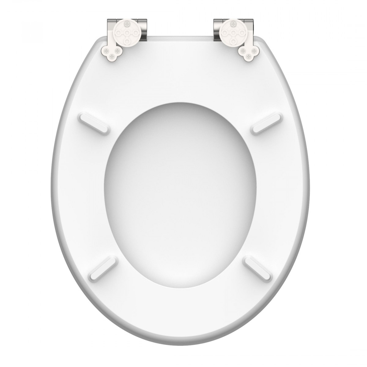 Weiße Toilettensitz-Unterseite mit zwei Metallscharnieren und vier länglichen Auflagepuffern.