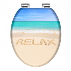 Geschlossener Toilettensitz mit Strandmotiv und zwei Metallscharnieren.