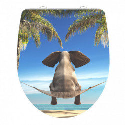 WC-Sitz mit Motiv eines Elefanten in Hängematte zwischen Palmen am Strand