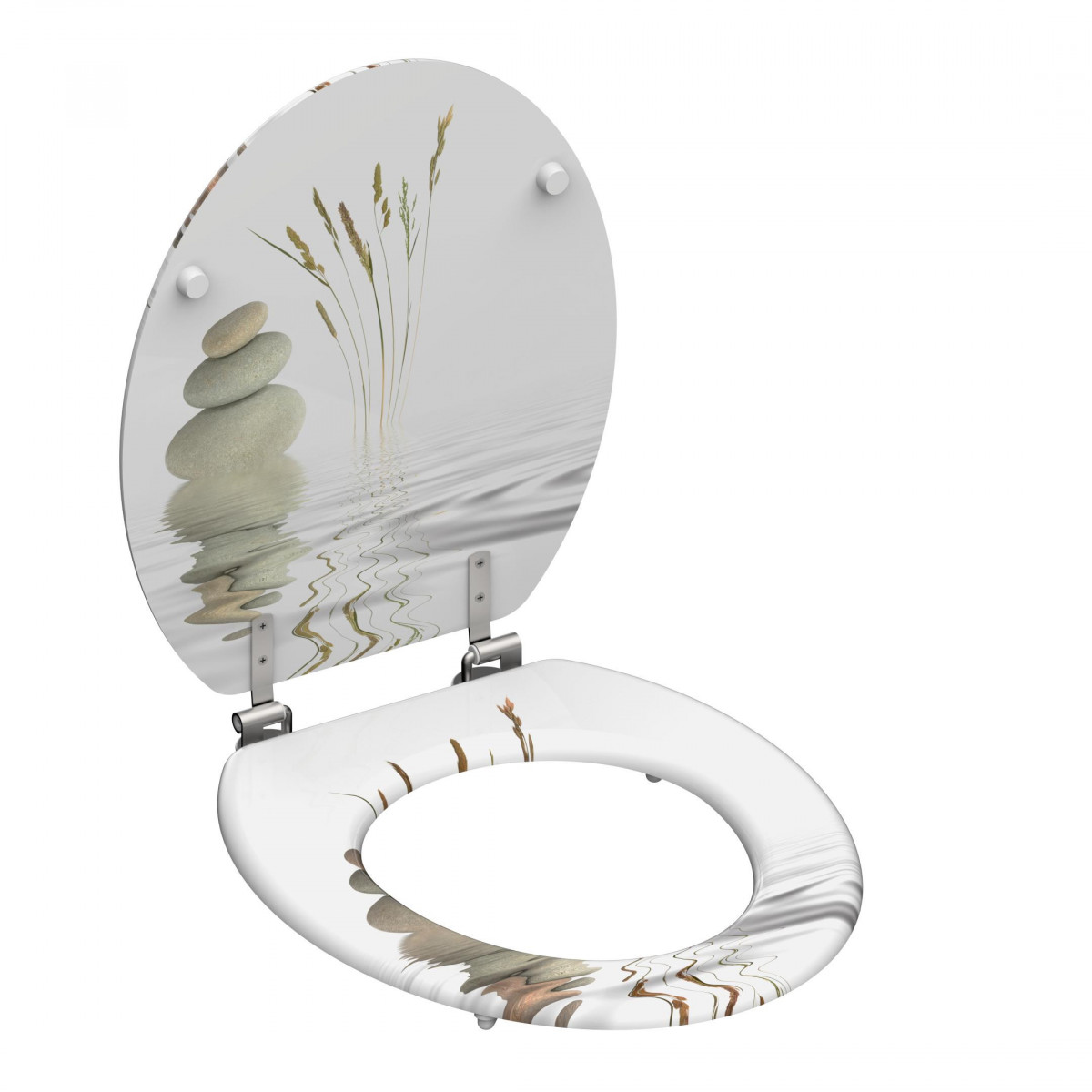 Weißer WC-Sitz mit hochgeklapptem Deckel und Motiv aus Steinen und Gräsern.