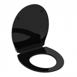 Schwarzer WC-Sitz mit offenem Deckel und rundem Sitzring vor weißem Hintergrund.