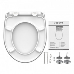Weißer WC-Sitz mit Scharnieren, Montagematerial und Anleitung.