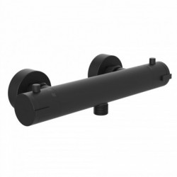 Schwarze zylindrische Duscharmatur mit zwei Drehgriffen und mittigem Wasserauslass.