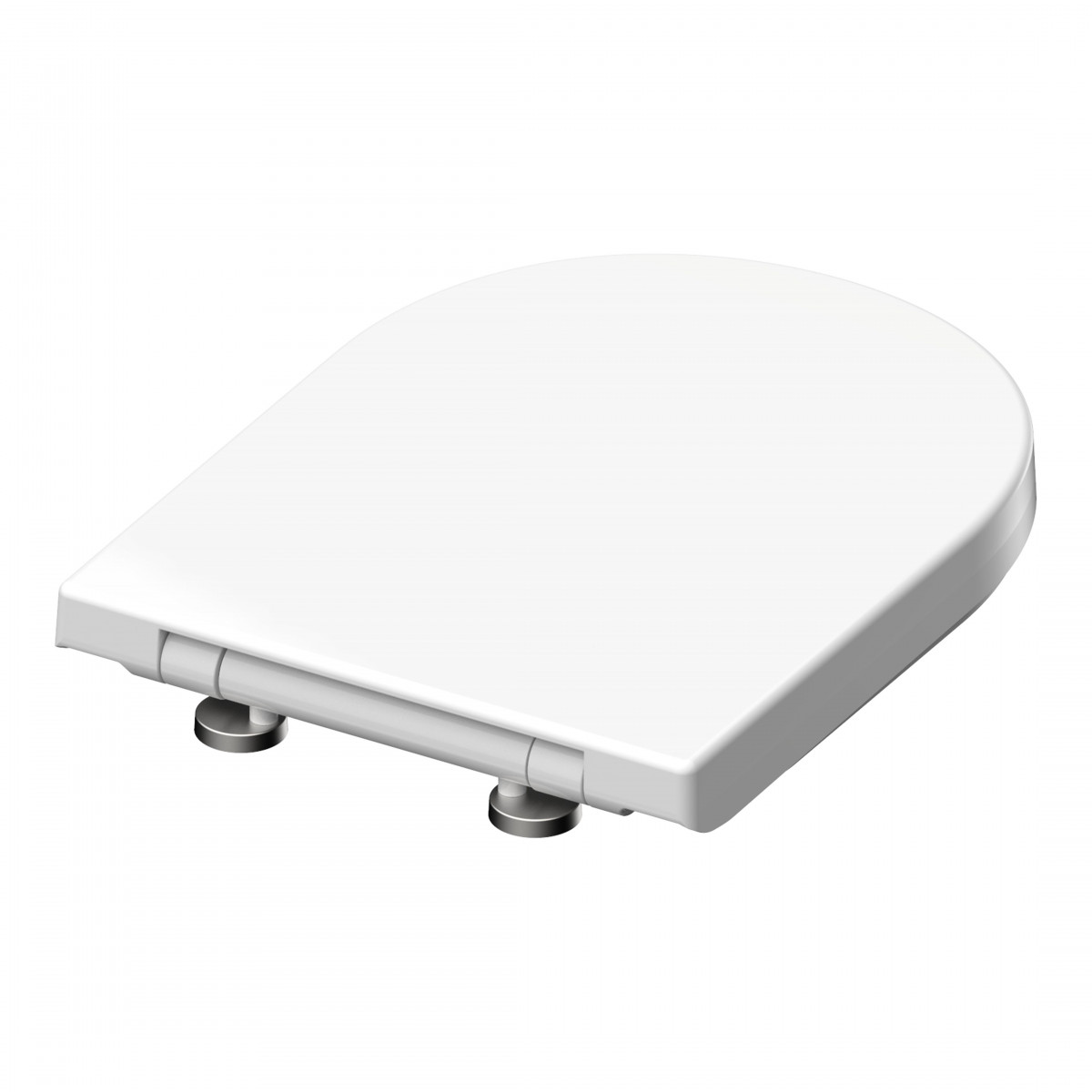 Weißer Toilettensitz mit ovalem Deckel und Metallscharnieren.