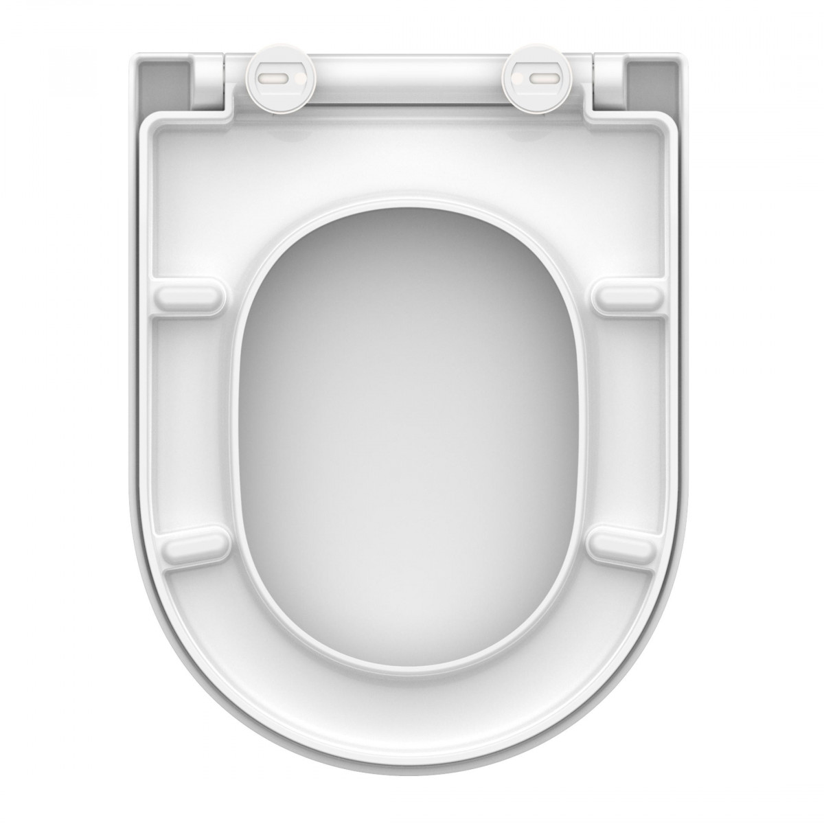 Unterseite eines weißen Toilettensitzes mit Scharnieren und Puffern.