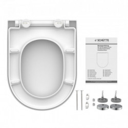 Unterseite eines weißen WC-Sitzes in D-Form mit Scharnieren und Montageset.