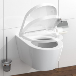 Wand-WC mit geöffnetem Deckel und seitlich montiertem Toilettenpapierhalter.