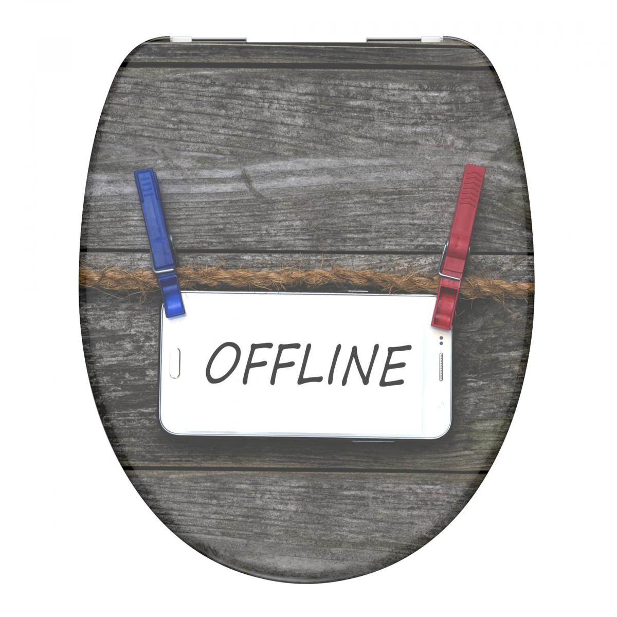 WC-Sitz mit Holzmotiv und Schild mit Schriftzug „OFFLINE“, gehalten von zwei Klammern