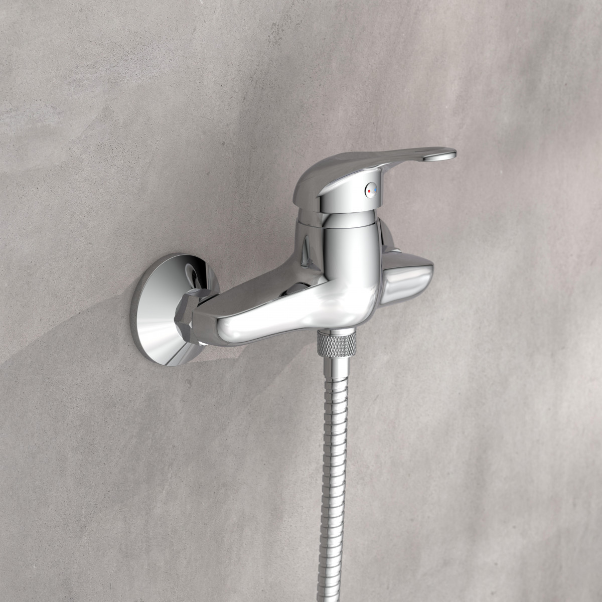 Chrom-Wandarmatur mit Einhebelmischer und Schlauchanschluss an runder Rosette