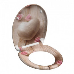 Toilettensitz mit Holzmuster und Motiv aus Herzstein und rosa Rosen.