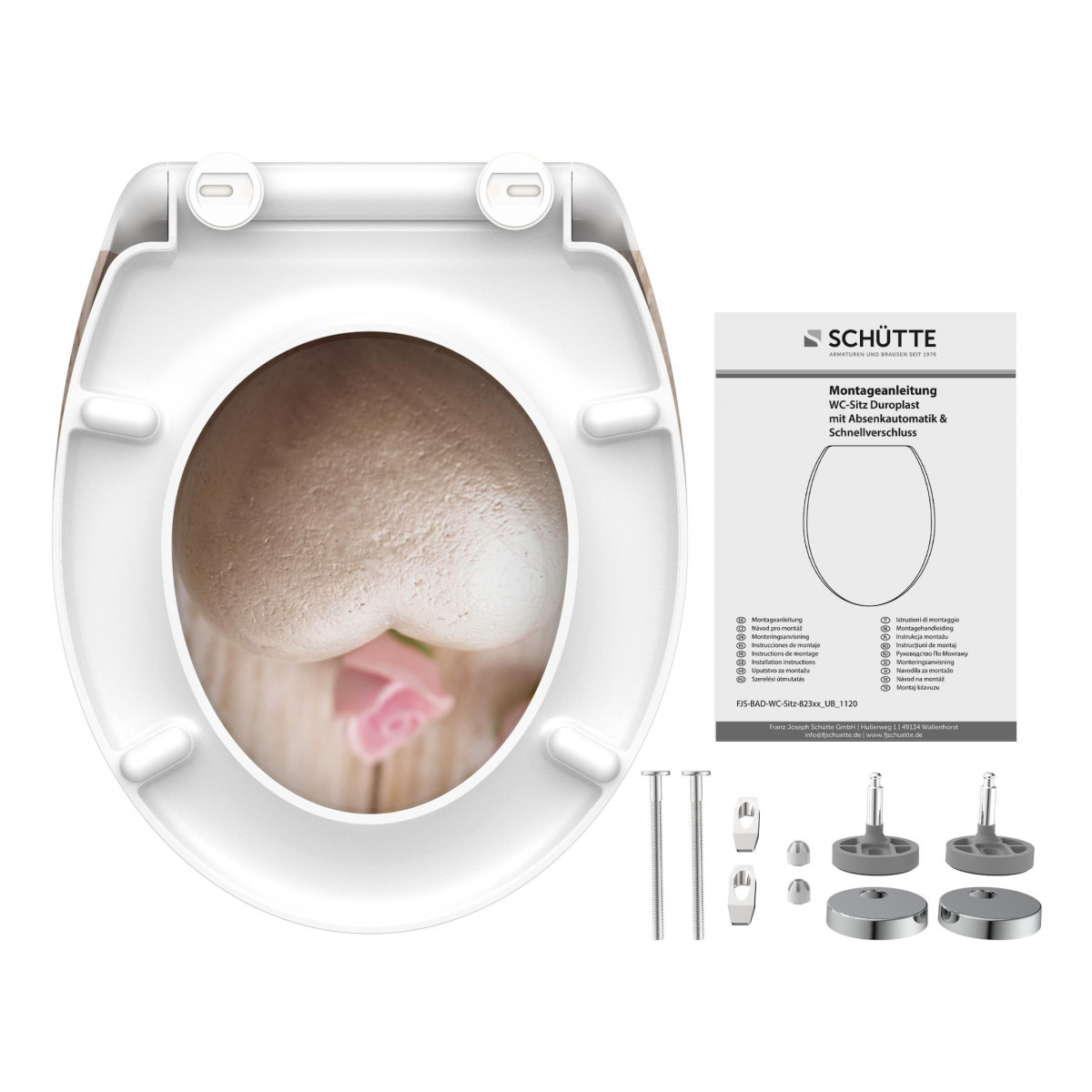 Weißer WC-Sitz mit Motiv aus Steinherz und rosa Blume, inklusive Befestigungsteilen und Anleitung.
