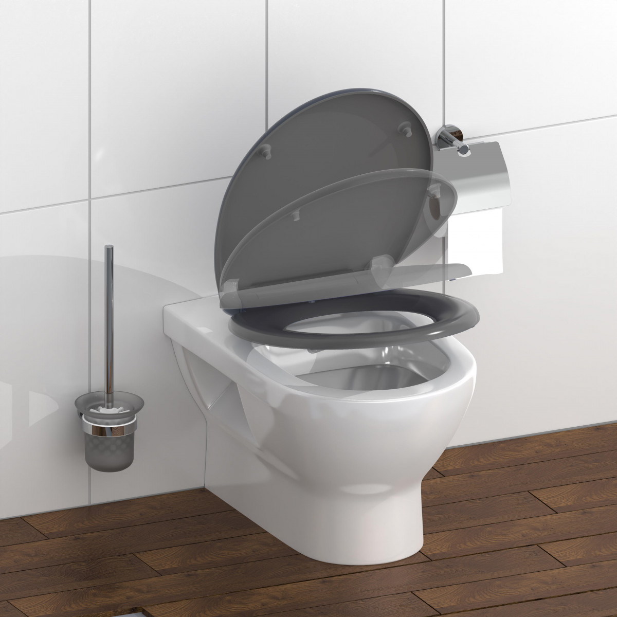 Wandhängendes WC mit geöffnetem grauen WC-Sitz und Deckel vor weißer Fliesenwand und Holzboden