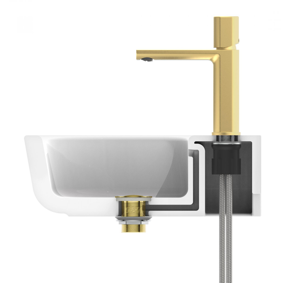 Querschnitt eines Waschbeckens mit goldfarbener Armatur und sichtbarer Ablauftechnik.