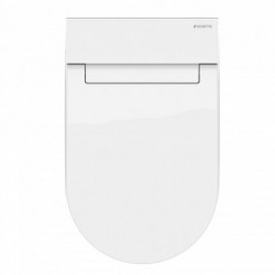 Weißer WC-Sitz mit Deckel, ovaler Form und abgerundeter Front.
