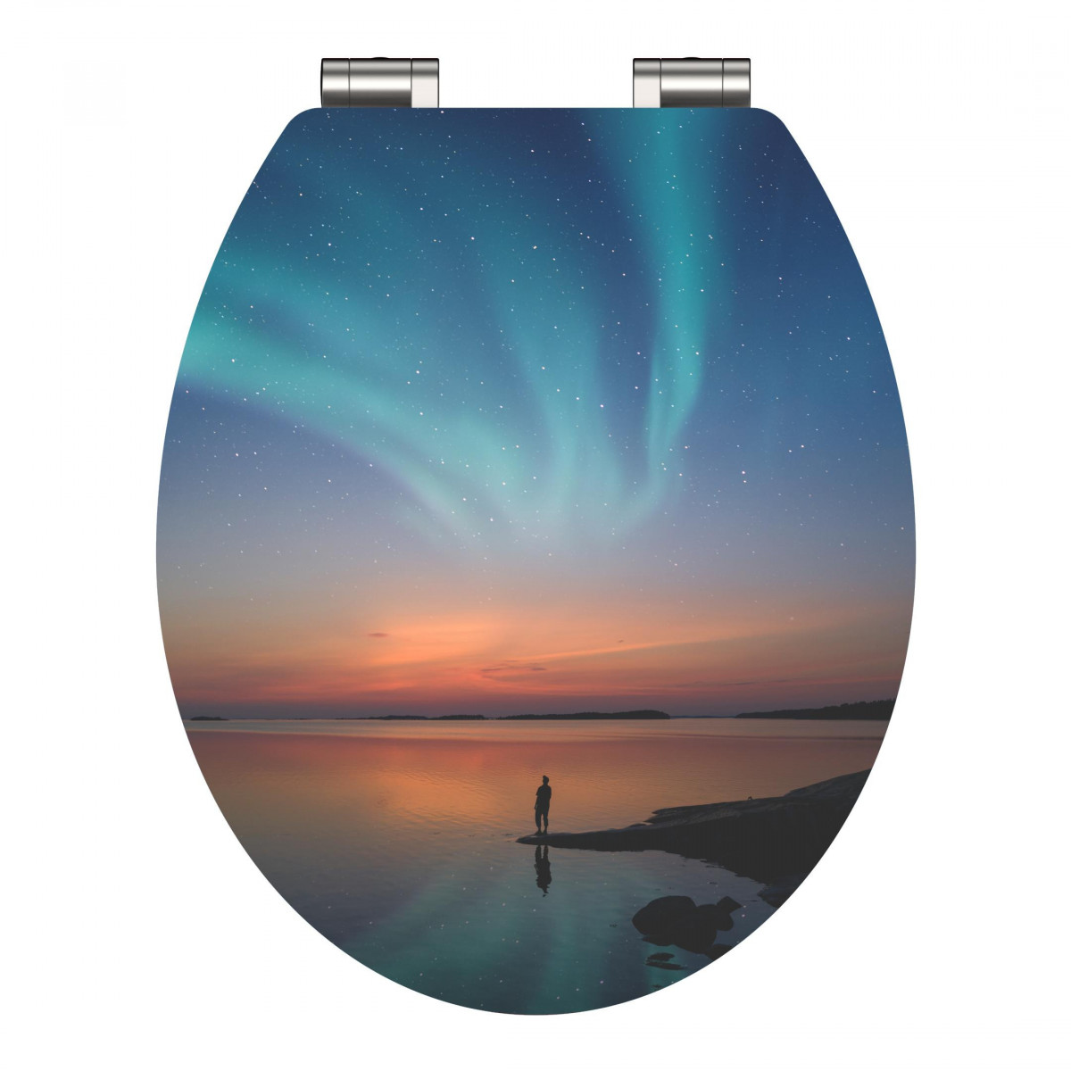 WC-Sitzdeckel mit Motiv eines Polarlichts über einem See in der Dämmerung.