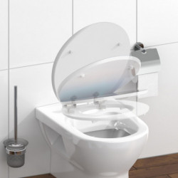 Weiße Wandtoilette mit teilweise geöffnetem WC-Sitz, Bürstengarnitur und Papierhalter.