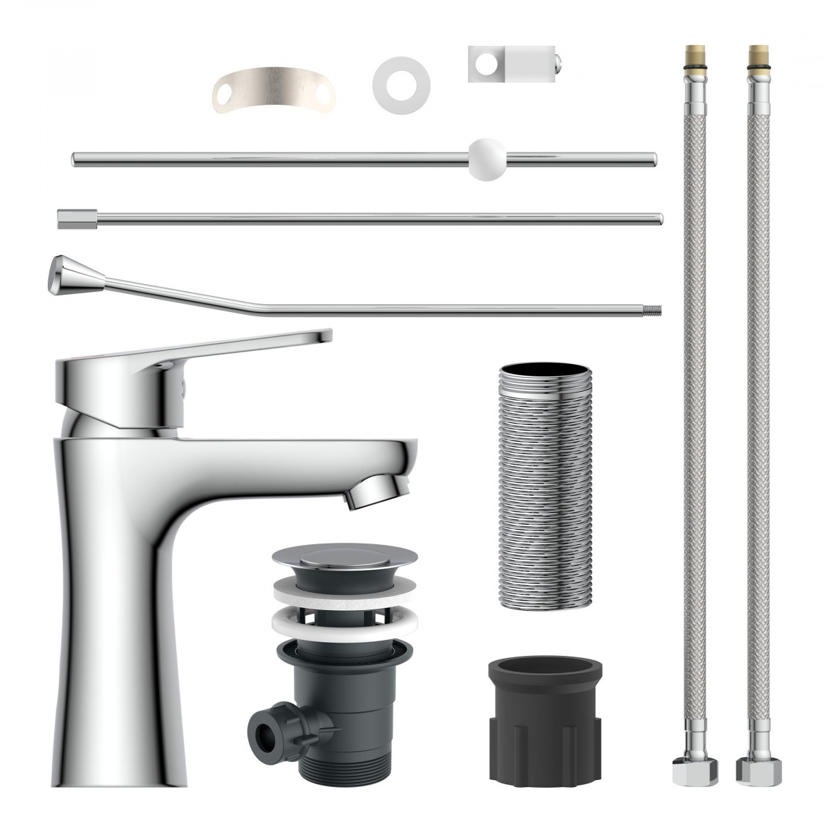 Waschtischarmatur mit Ablaufgarnitur, Siphon und Anschlussschläuchen in Chrom