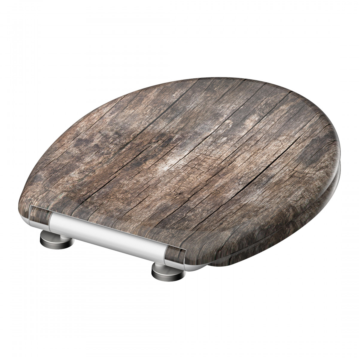 Ovaler Toilettensitz mit Holzplanken-Optik und Metall-Scharnieren.