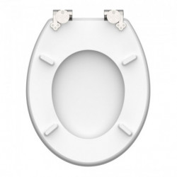 Weißer ovaler WC-Sitz mit Metall-Scharnieren und vier Abstandshaltern auf der Unterseite.