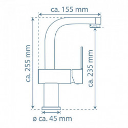 Technische Zeichnung einer Armatur mit Maßen: Höhe ca. 255 mm, Ausladung 155 mm, Sockel Ø 45 mm.