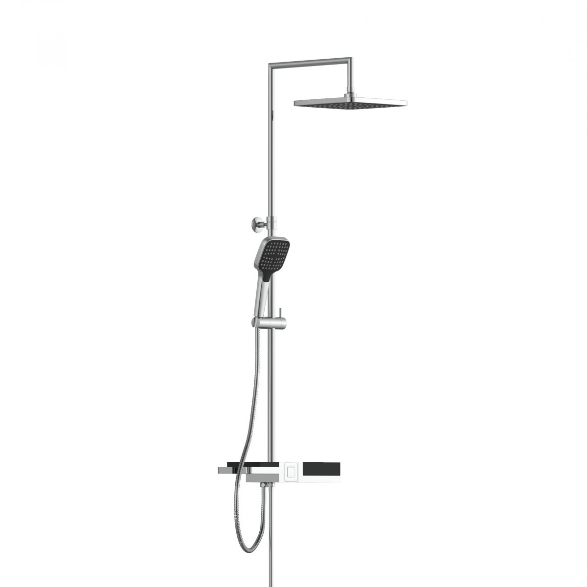 Duschsystem mit quadratischer Kopfbrause, Handbrause, Schlauch, Brausestange und Mischarmatur.