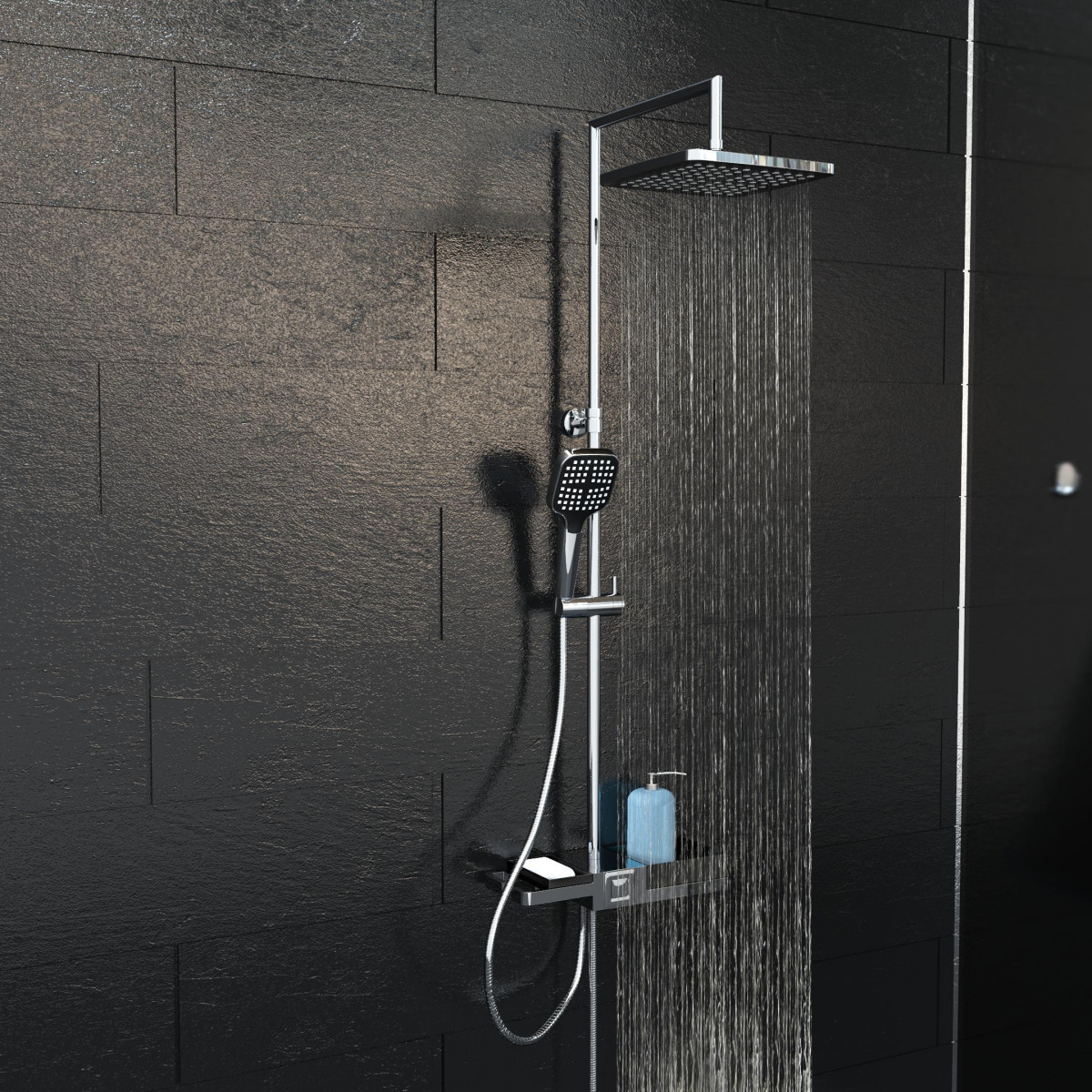 Duschsystem mit quadratischem Regenduschkopf und Handbrause an dunkler Fliesenwand.
