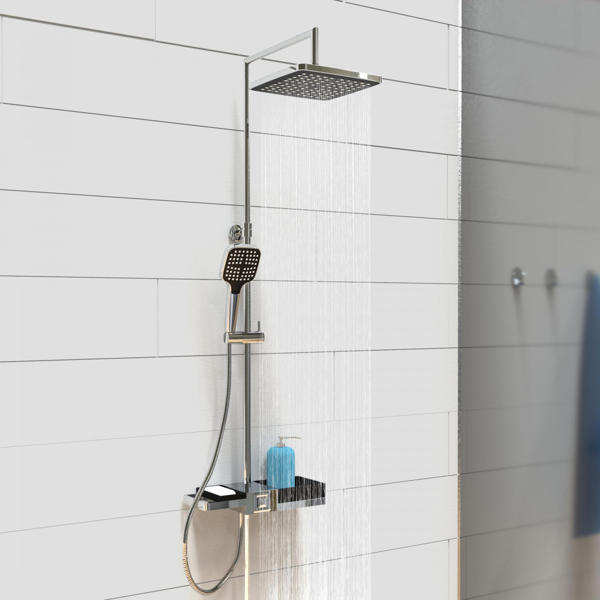 Duschsystem mit quadratischer Kopfbrause, Handbrause und Wasserstrahl an Fliesenwand