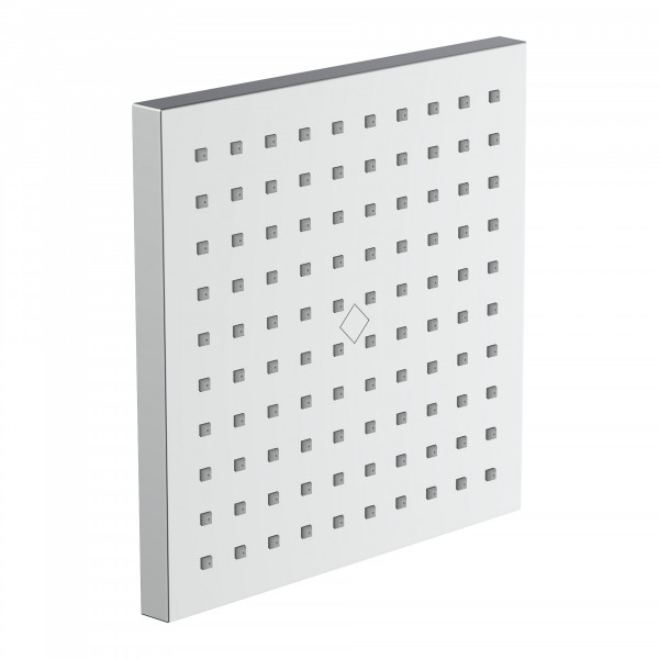 Quadratischer Duschkopf aus Metall mit Raster aus kleinen Düsenöffnungen