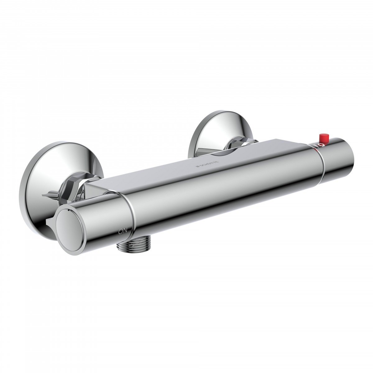 Chrom-Duschthermostat mit zwei Wandrosetten, Drehgriffen und rotem Sicherheitsknopf.