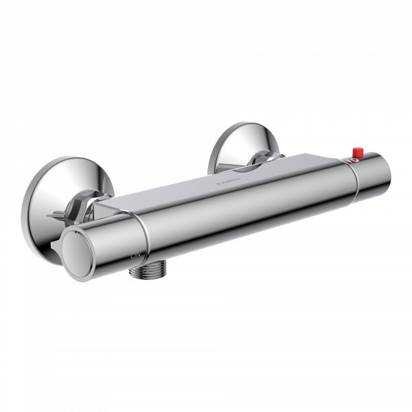 Chrom-Duschthermostat mit zwei Wandrosetten, Drehgriffen und rotem Sicherheitsknopf.