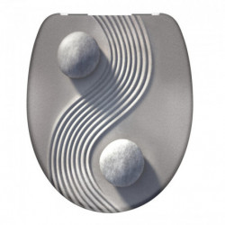 Toilettendeckel mit grauem Steinmotiv, geschwungenen Linien und zwei runden Steinen