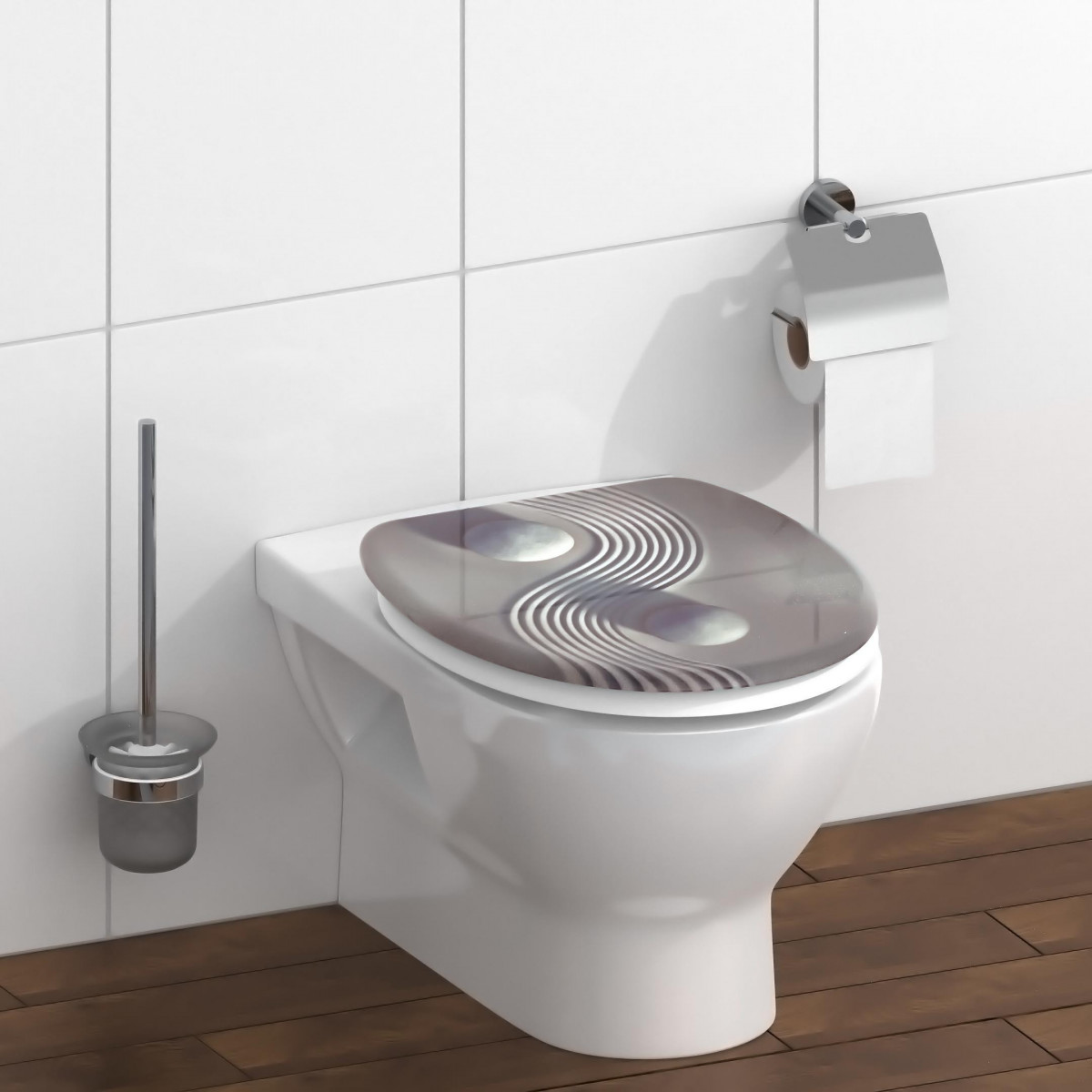 Wandhängendes WC mit geschlossenem Sitz in grauem Wellenmuster.