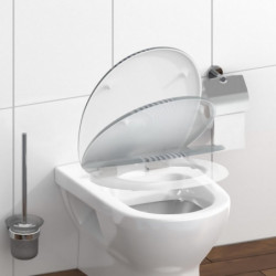 Wandhängendes WC mit geöffnetem Sitz und Deckel, Absenkbewegung dargestellt.