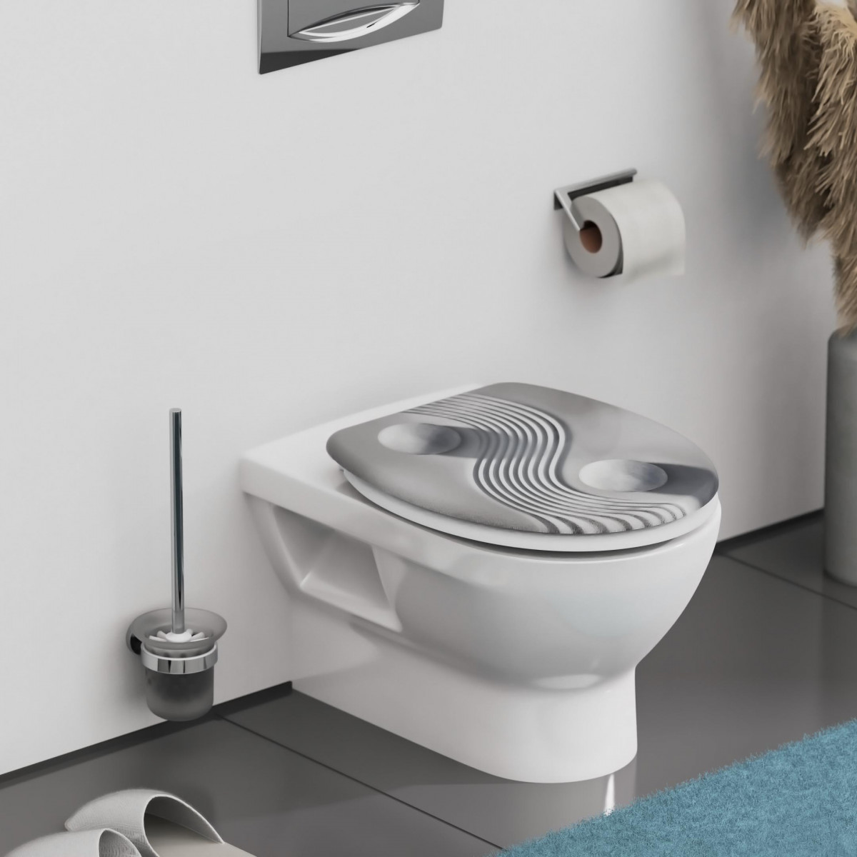 Wandhängendes WC mit grau gemustertem Toilettensitz und Deckel