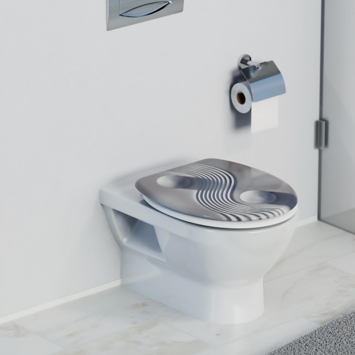 Wandhängendes WC mit geschlossenem Sitz und grauem Wellenmuster, darüber Toilettenpapierhalter