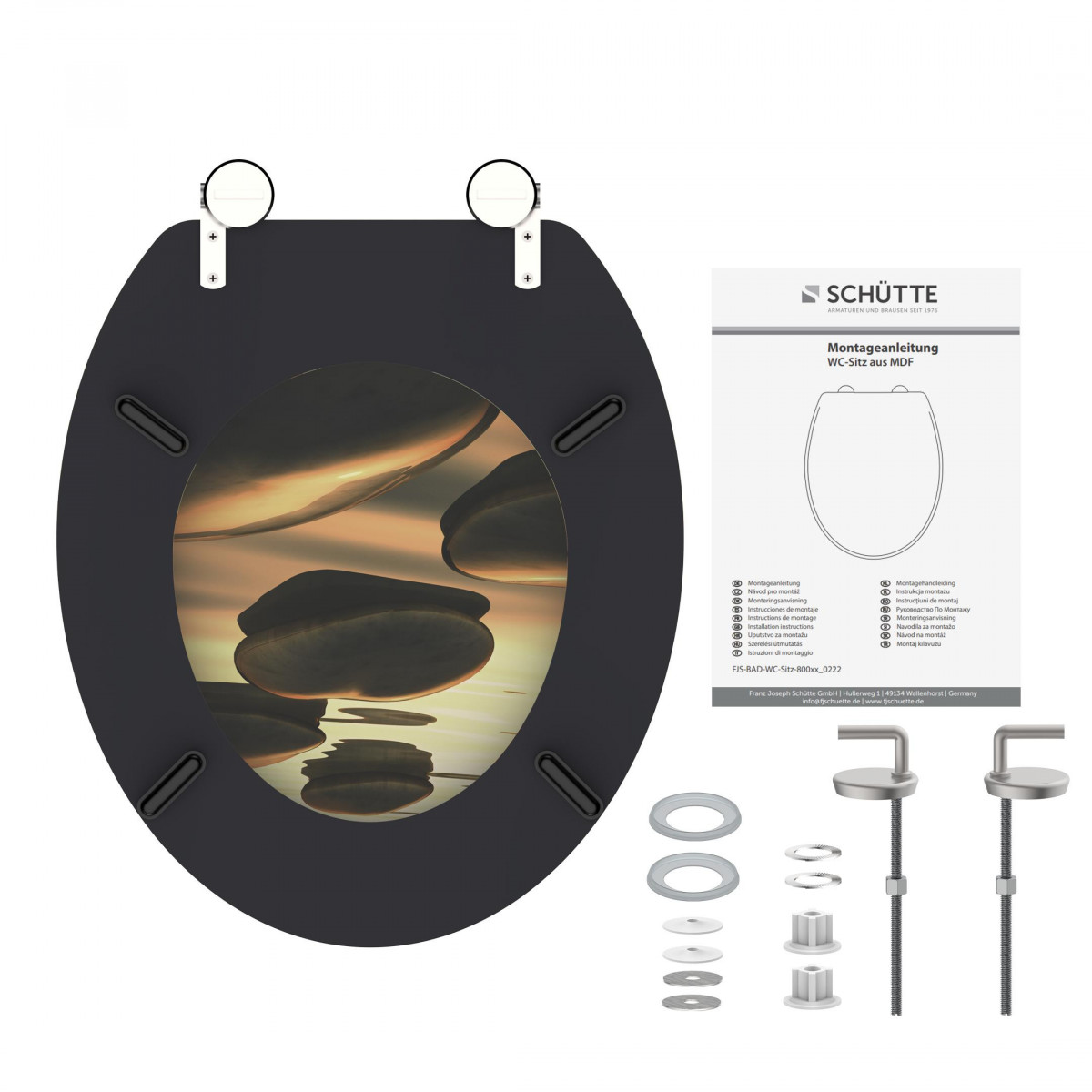 Schwarzer WC-Sitz mit Wasserhahnmotiv, Montagematerial und Montageanleitung.