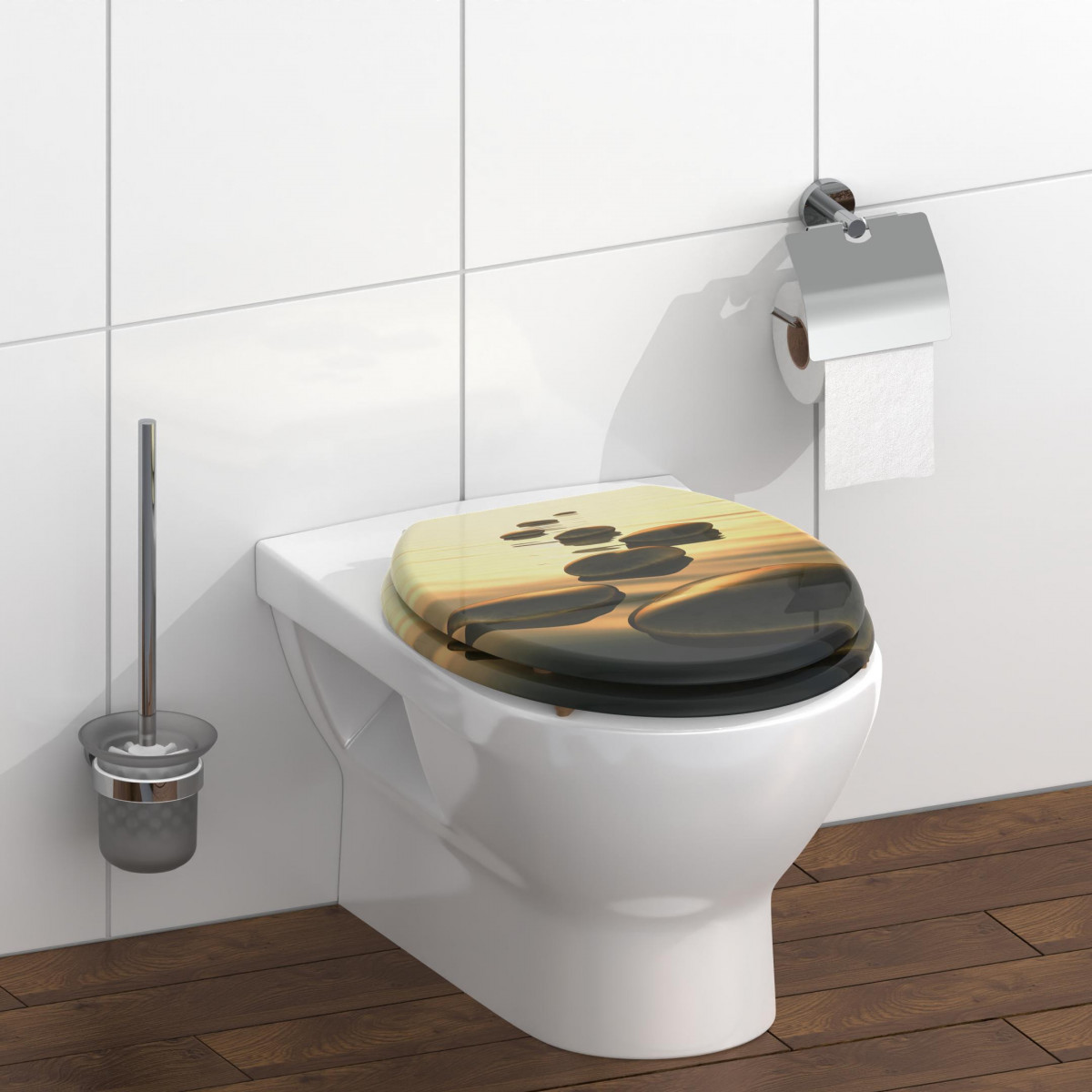 Geschlossener Toilettensitz mit Steinen-auf-Wasser-Motiv auf einem weißen WC.