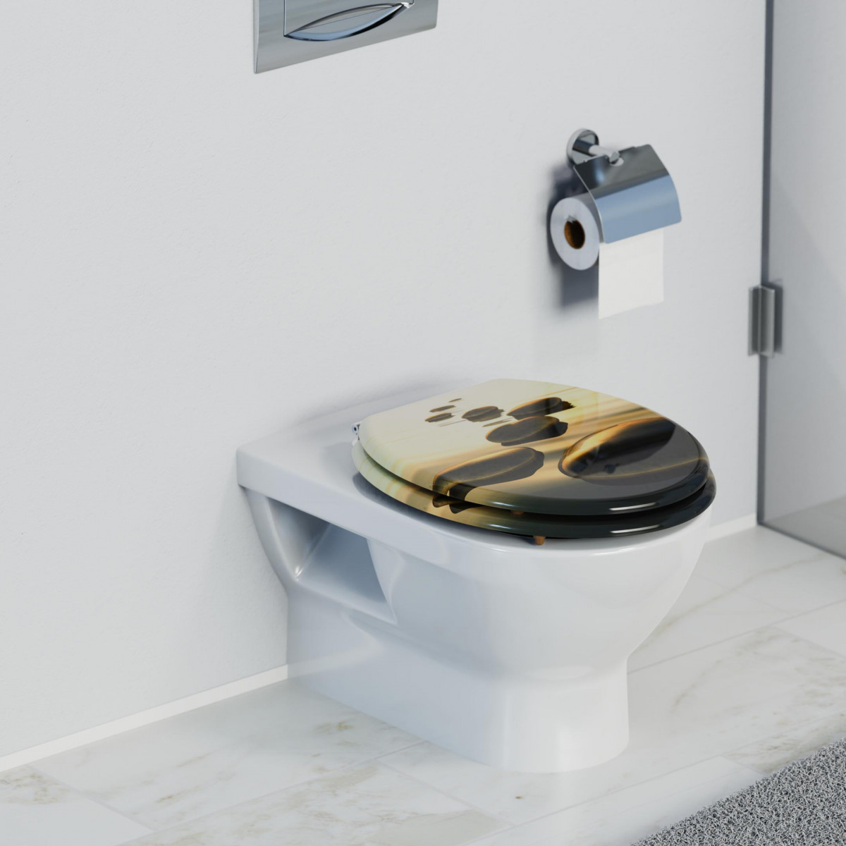 Toilettensitz mit braun-schwarzem Pfotenmuster auf weißem Wand-WC im Badezimmer.