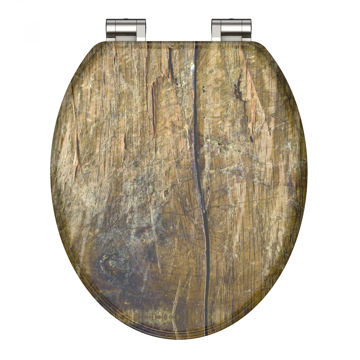 Toilettensitz in braun-grünlicher Holzoptik mit sichtbaren Metallscharnieren.