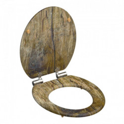 Geöffneter Toilettensitz mit Deckel in brauner Holzoptik und Metallscharnieren.