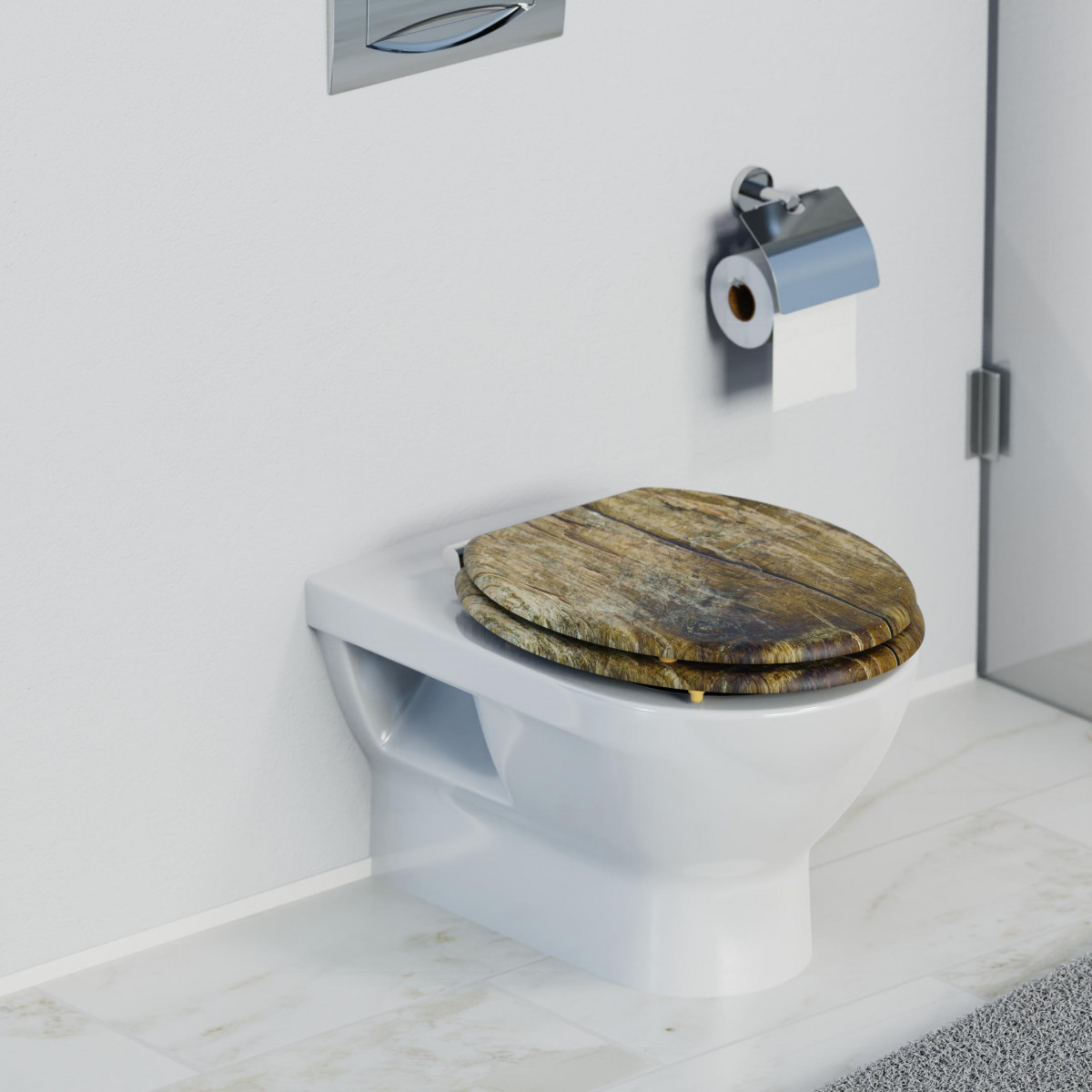 Weißes WC mit geschlossenem Toilettensitz in braun-grünlicher Holzoptik.