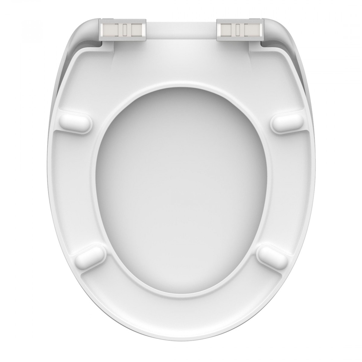 Unterseite eines weißen WC-Sitzes mit Scharnieren und vier Puffern.