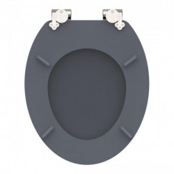 Unterseite eines dunkelgrauen Toilettensitzes mit weißen Scharnieren und vier Gummipuffern.