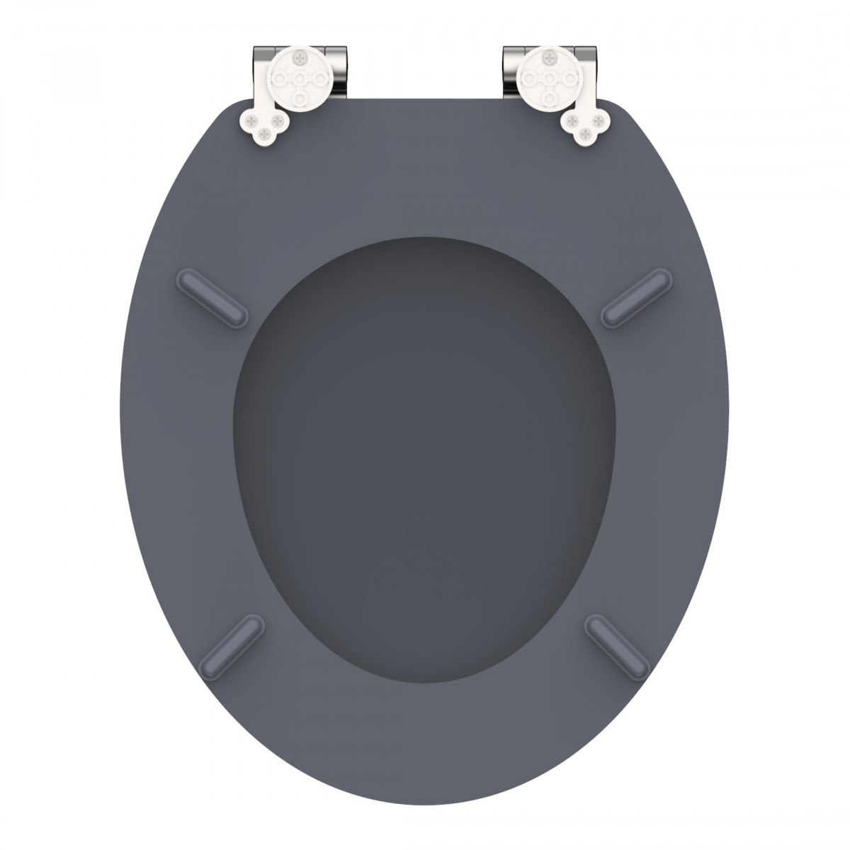 Unterseite eines dunkelgrauen Toilettensitzes mit weißen Scharnieren und vier Gummipuffern.