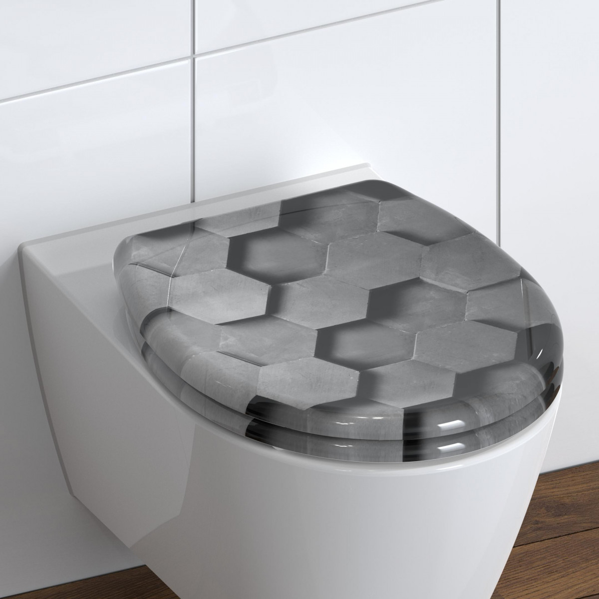 Siège WC GREY HEXAGONS • plastique thermodurci • abaissement automatique • SCHÜTTE