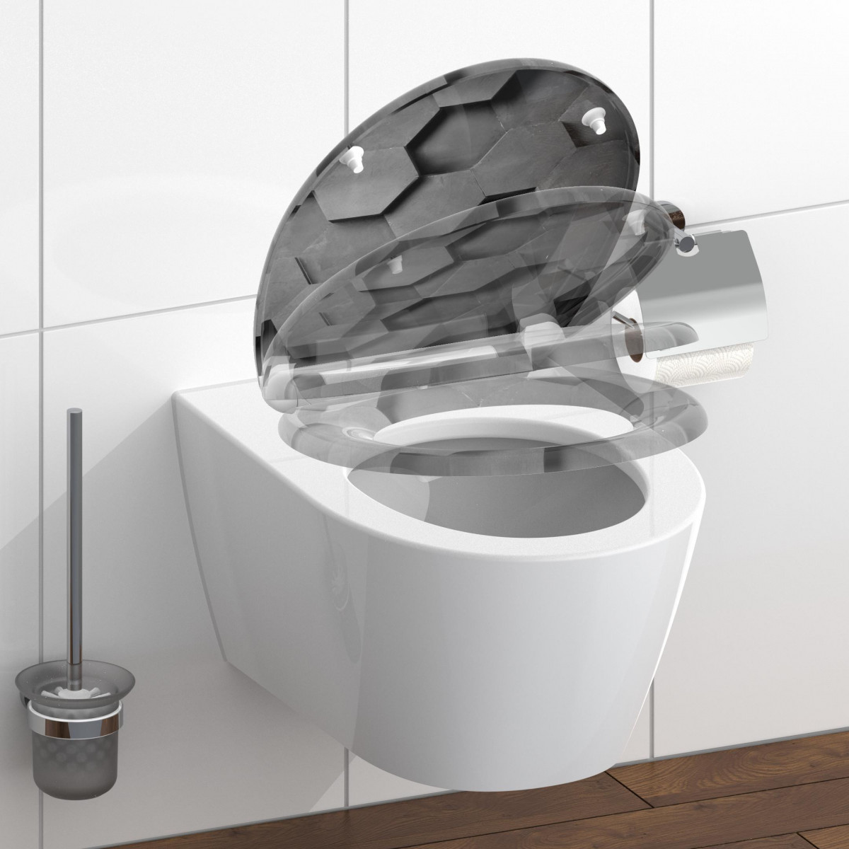 Siège WC GREY HEXAGONS • plastique thermodurci • abaissement automatique • SCHÜTTE