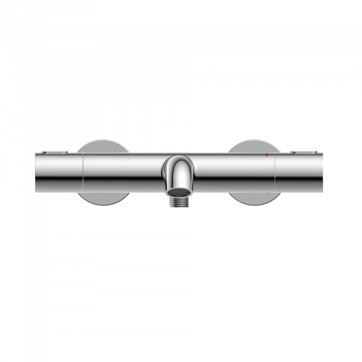 Chromfarbene Duscharmatur mit zwei Wandrosetten und mittigem Anschluss nach unten