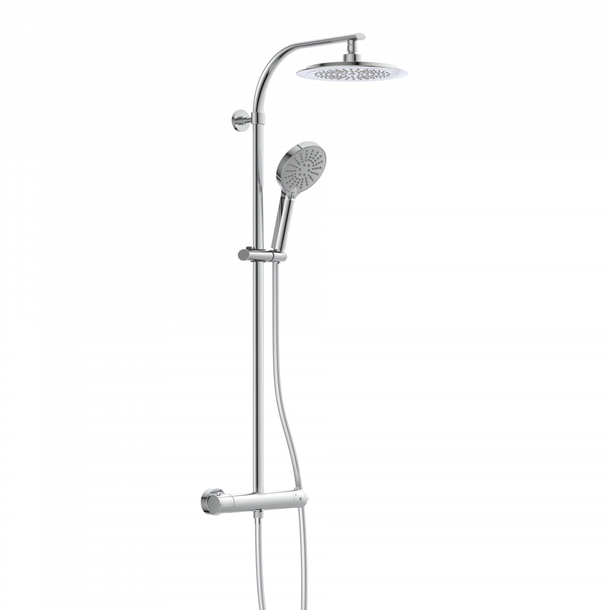 Chromfarbenes Duschsystem mit runder Kopfbrause, Handbrause und Thermostatarmatur.